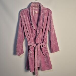 Juicy Couture Women L/XL PINK Velour Robe Belted Logo Embossed Plush Lounge...